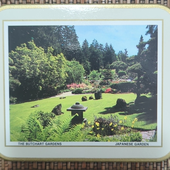 Vintage Cork Back Coasters Set-6 Butchart Gardens Scenes Canada Original Box - Picture 7 of 13